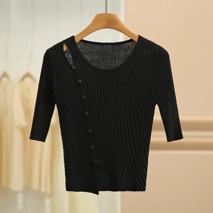

Pure Color Design Hollow out Slim ort Sve Knitted irt Casual Top Brand 007 Autumn 25 Commute Sle Straight Tube