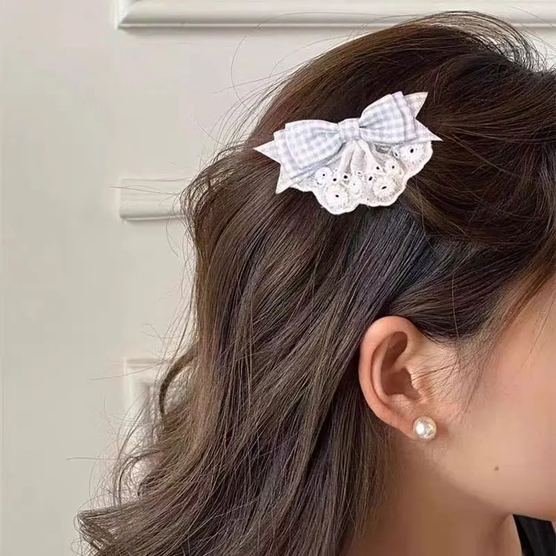 

Blue Plaid Bow Design For Women's Hair Clips Fashionable Lace Sweet Style Party Gift Side Clip Women's Hair Accessories 2025 Y2k