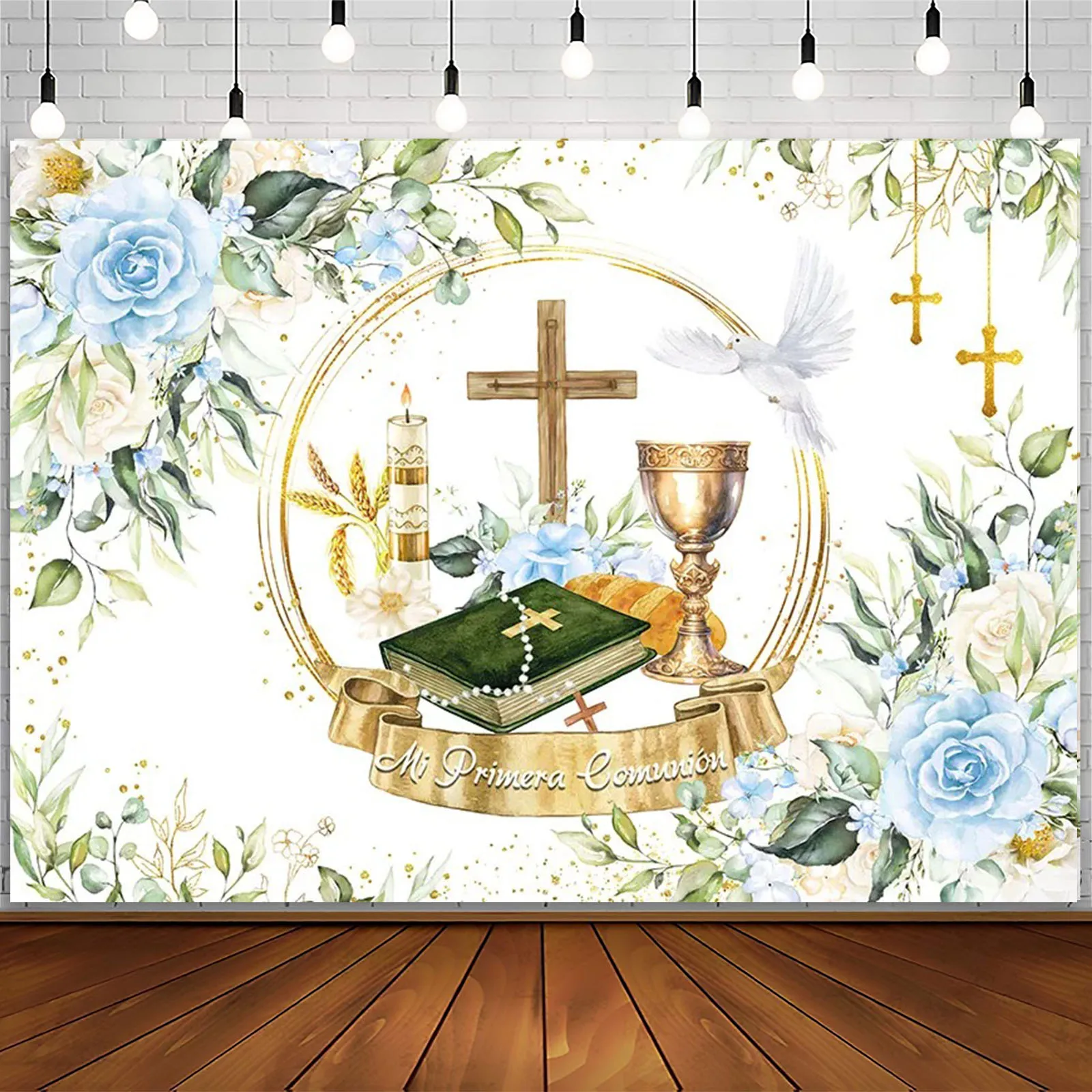 Aiwin Taufe Fotografie Hintergrund Junge Mädchen erste heilige Kommunion Gold Kreuz Blume Schmetterling Hintergrund Gott segnen Party Dekor