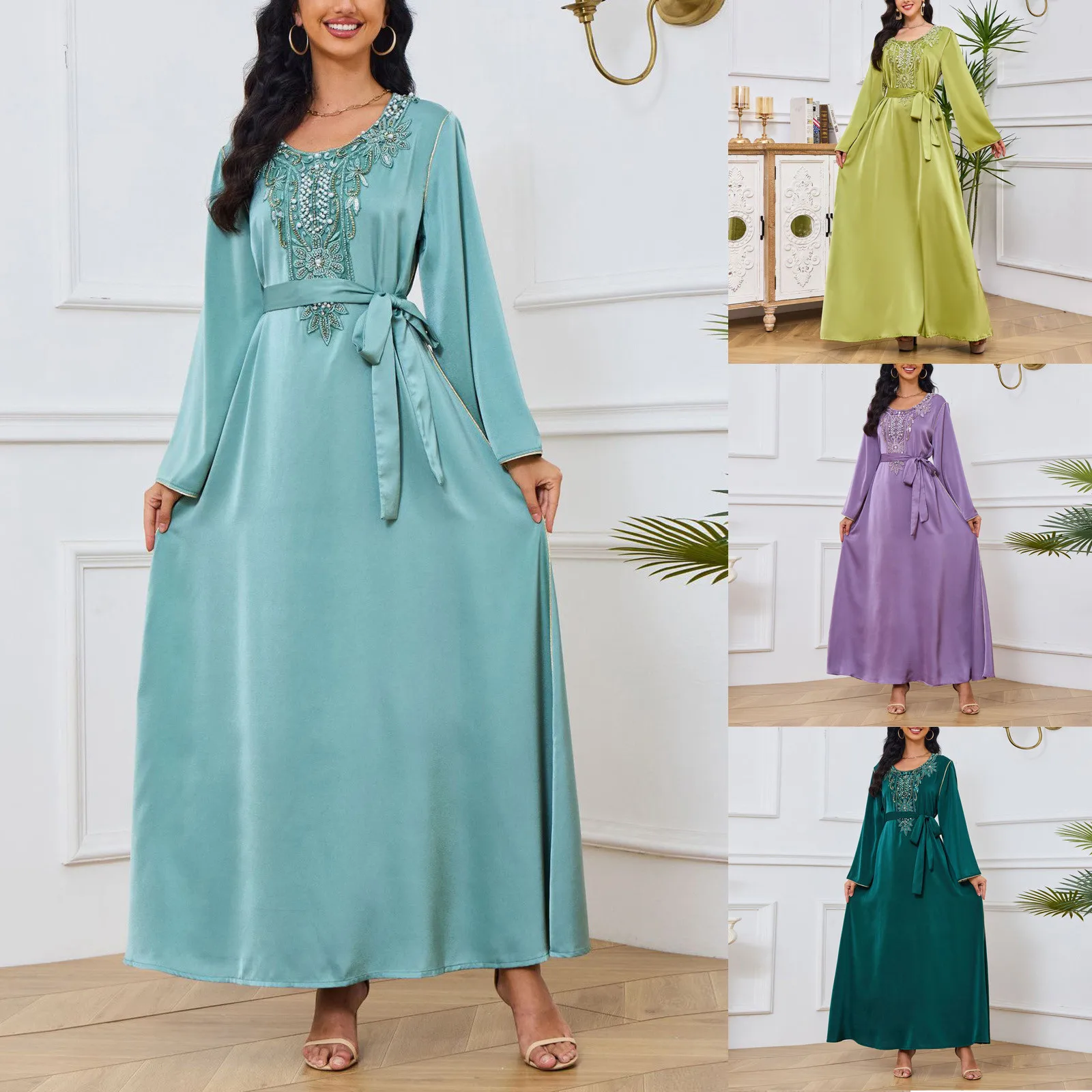 Abaya-Robe Arabe à Manches sulfet Col Rond pour Femme, Vêtement avec Ceinture, Perlé, à la Mode, Dubaï, Nouvelle Collection