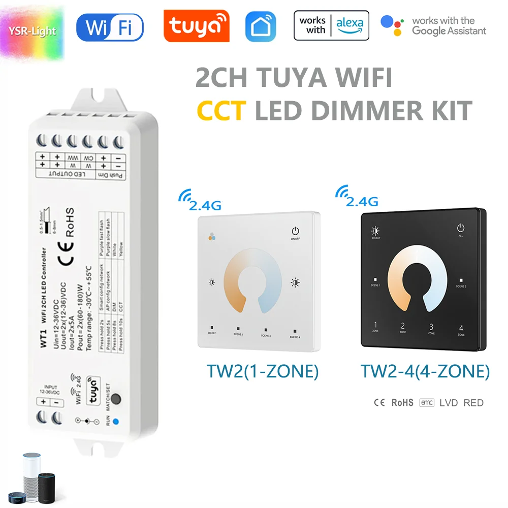 tuya wifi smart led strip light luz de tira escurecimento remoto funciona com alexa e google 2ch wt1 rf 24g dc12v36v 5050 cob ww cw cct 01