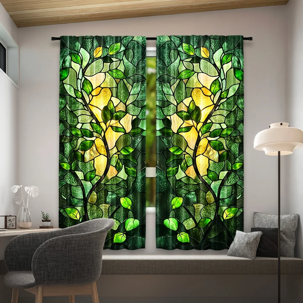 2pcs Stained Glass Curtains Green Leaves Tree Window Drapes Tiffany Style Bedroom Decor Art Nouveau Shade Drape