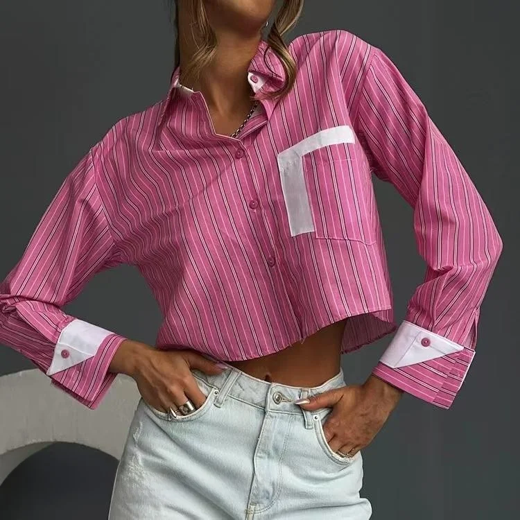 

New Versatile ort Striped irt Long Sve Collar Belly Button Baring Top Women's Faion Spring Season Loose Fit