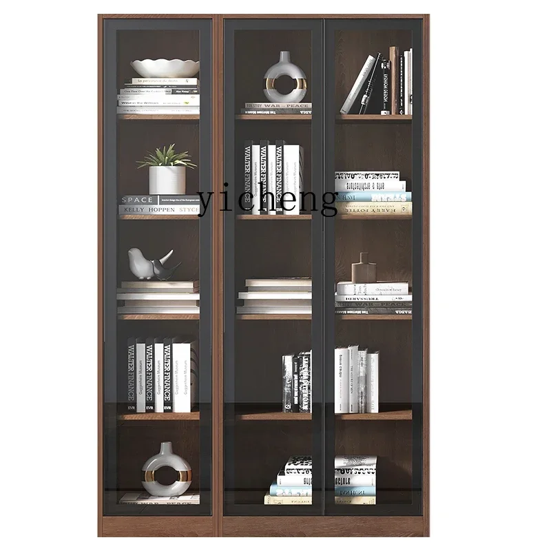 Solid Wood Bookcase Floor Wall Integrated Entire Wall Dust-Proof Bookshelf Glass Door Display Cabinet