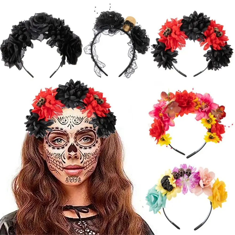 Retro Day of The Dead Halloween Rose Flower Headband Black Veil Wedding Flower Headpiece Costume Cosplay Party Headwear Women
