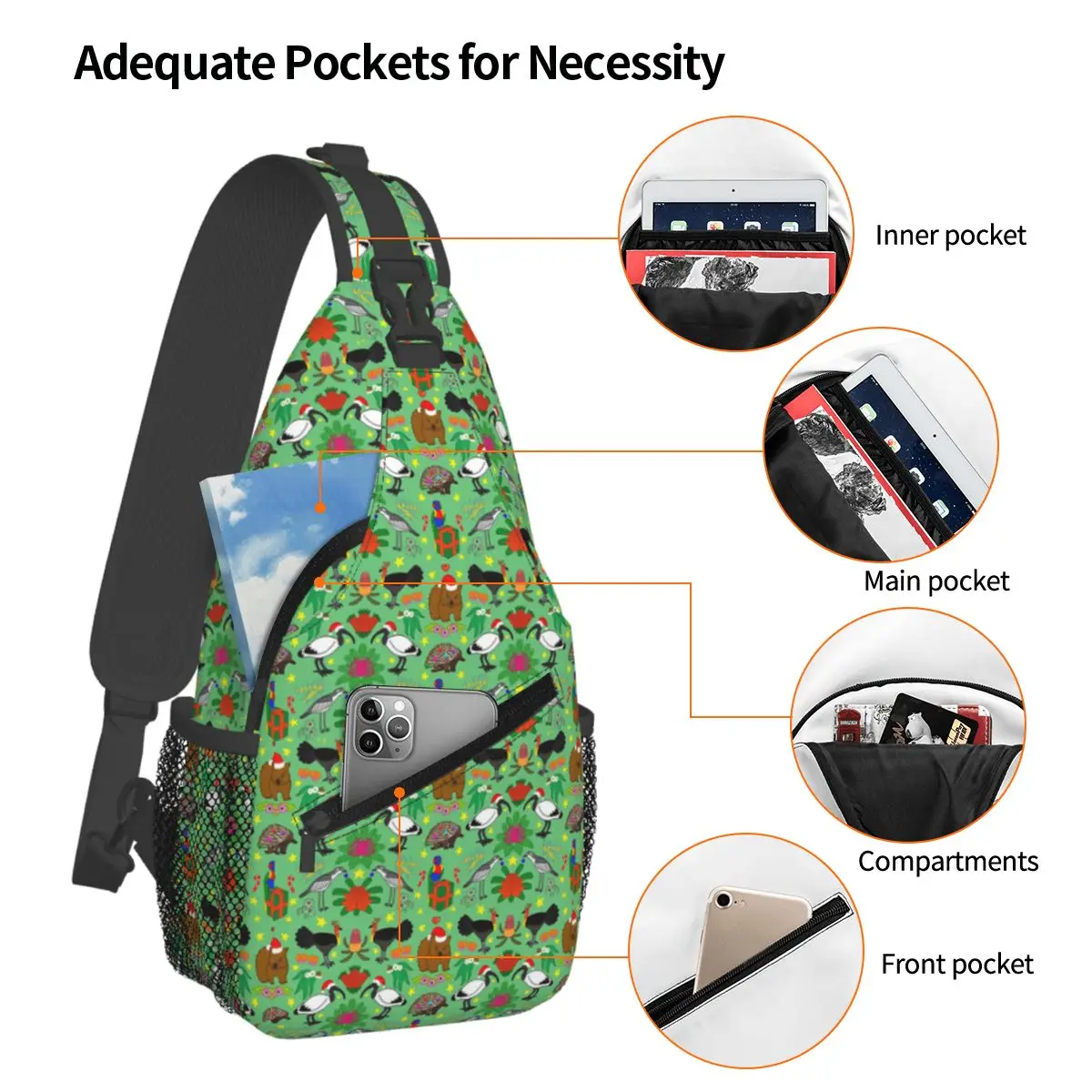 Aussie Christmas Chest Bag Men Sling Crossbody Backpack Chest Bag Travel Hiking Daypack Shoulder Bag