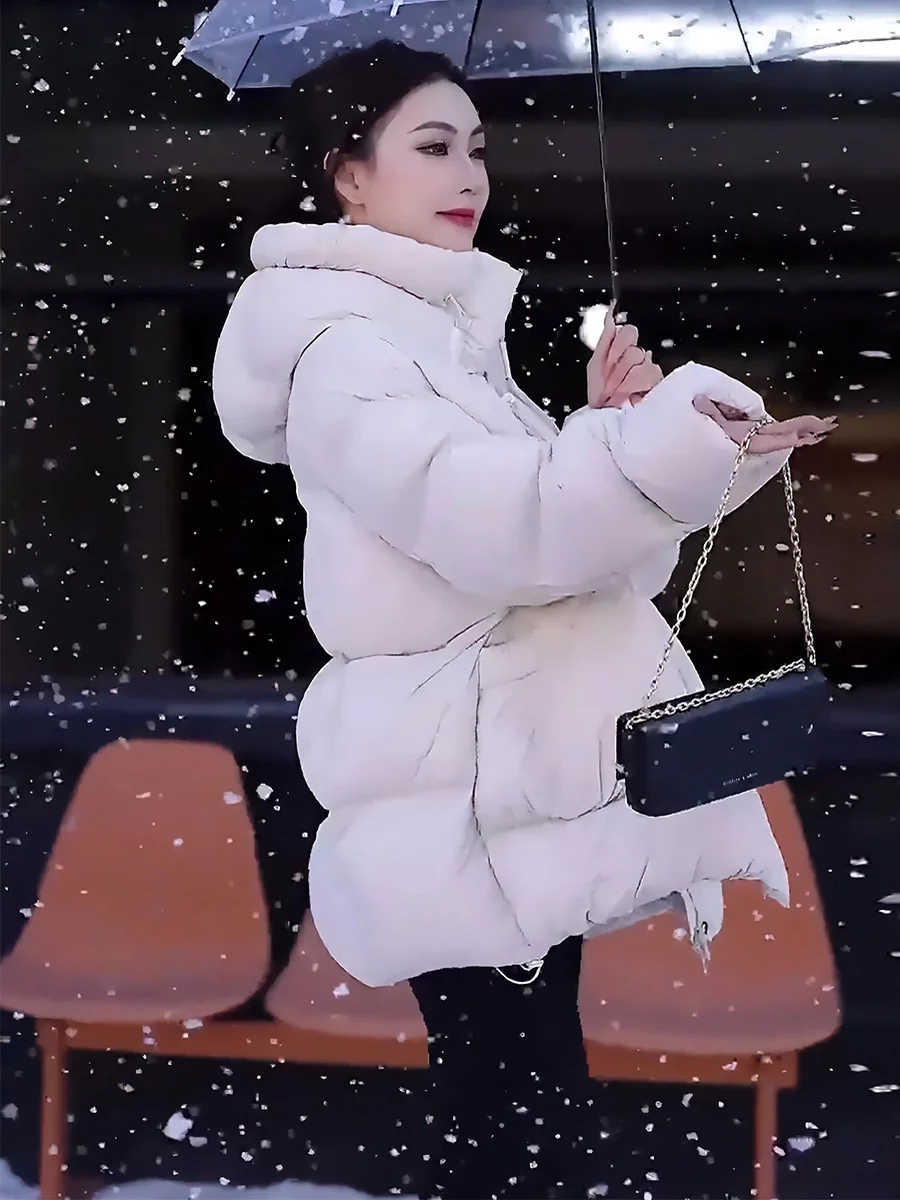 Chaqueta de Plumón para Mujer, Color Blanco, con Capucha, Abrigo de Invierno Cálido, Estilo Dulce y Elegante, Largo Regular, Sin Marca