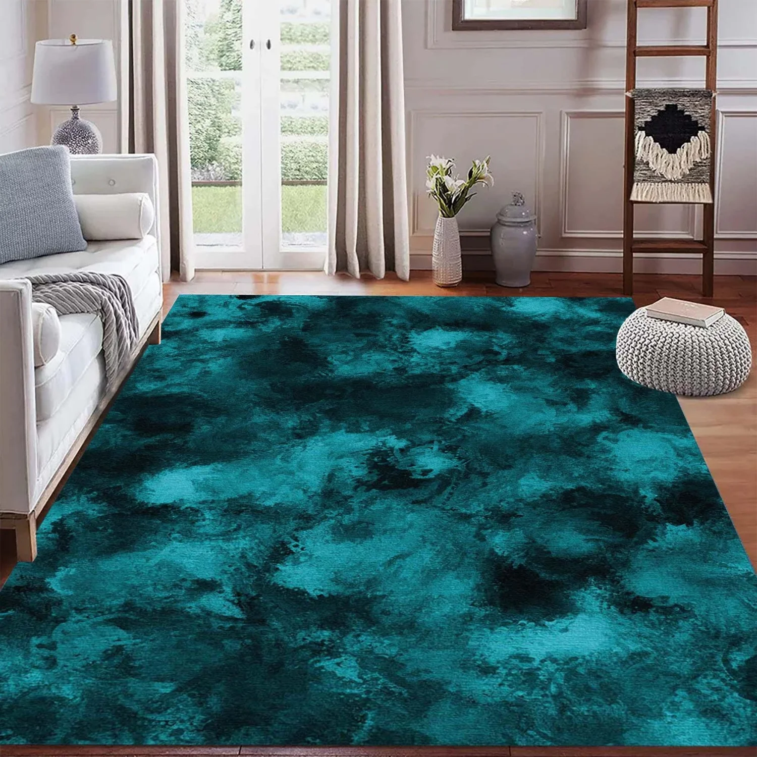 Room Decor Rug  Abstract Watercolor Rug, Modern Teal Blue Artistic DE1cor, Artistic Room DE1cor Work Carpet