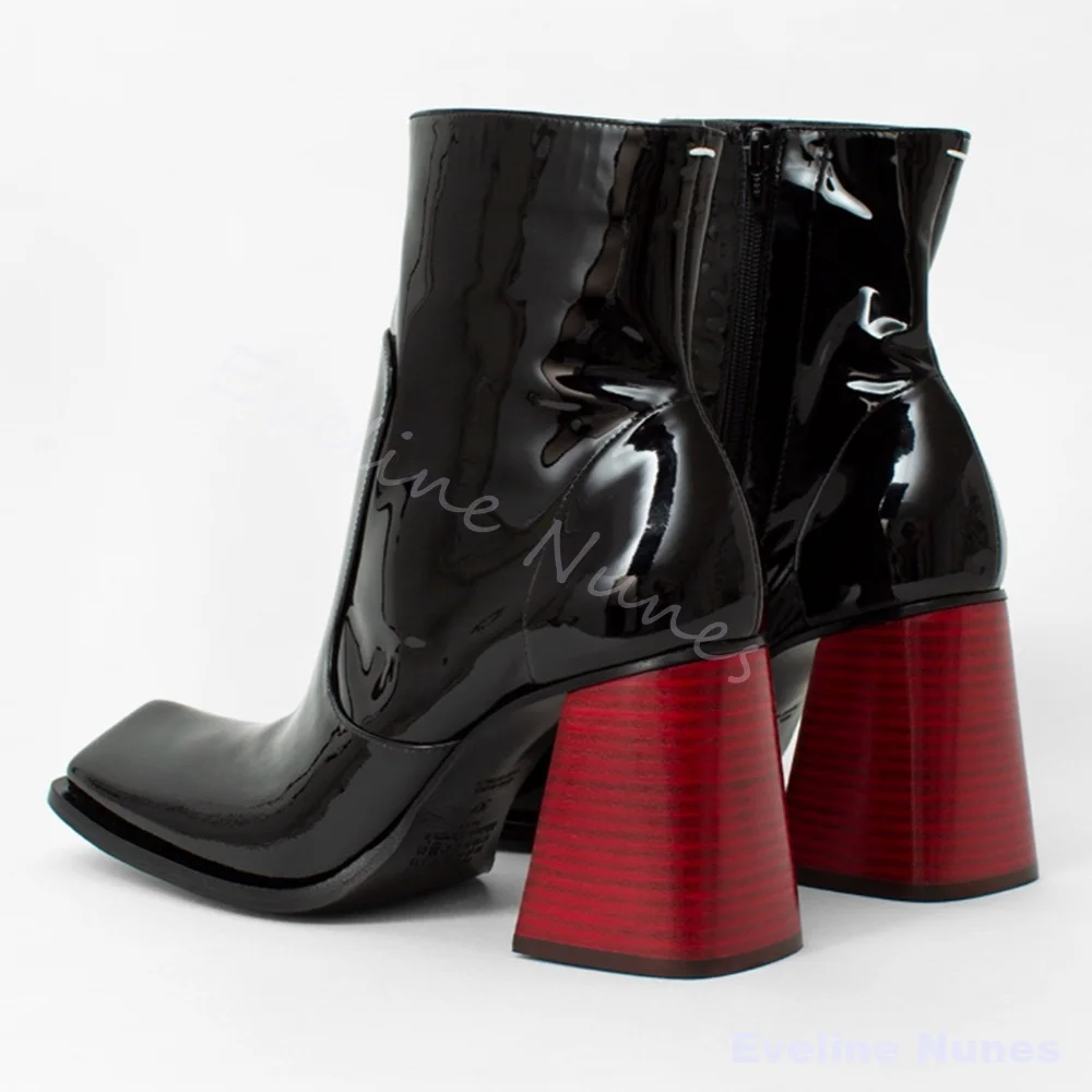 

Red Chunky Heel Patent Leather Boots Women Square Toe Side Zipper Black Mid Calf Boots 2026 Autumn Winter Fleece-lined Warm Boot