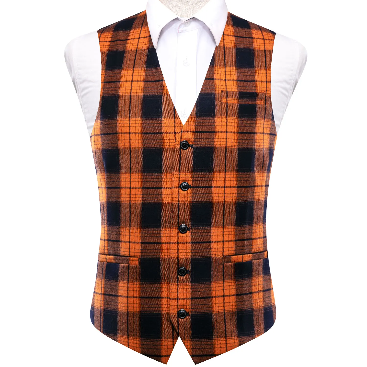 Herren Orange-Grün Karierte V-Ausschnitt Anzugweste Einzelstück Ohne Accessoires Geeignet für Hochzeiten, Abendveranstaltungen und Events – Detail 2
