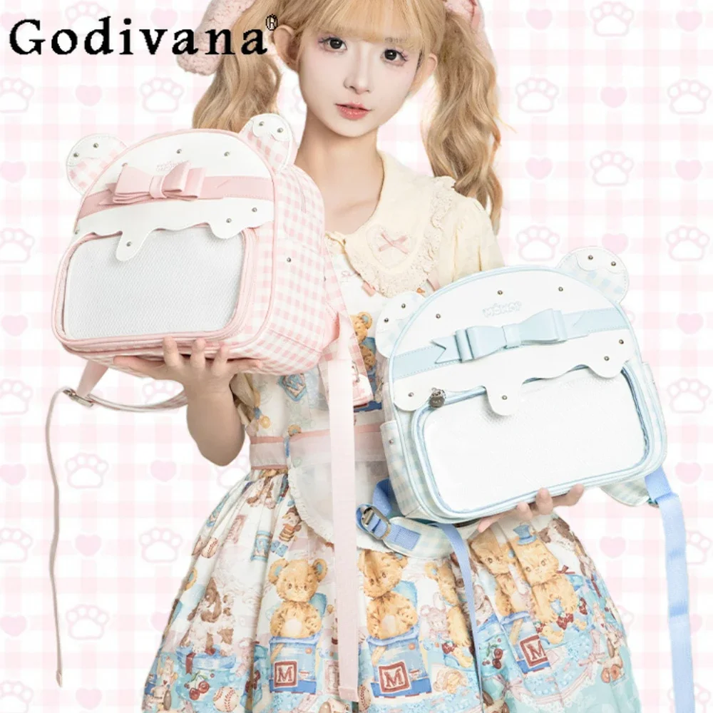 

Cute Sweet Transparent Itabag Women Handbags Plaid Bear Ear Lolita Backpack Pink Schoolbag