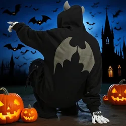 Devil Horn Hooded Top Men Couple Matching Loose Oversized Sweatshirt Anime Casual Zip Up Hoodies Y2k Halloween Party Streetwear