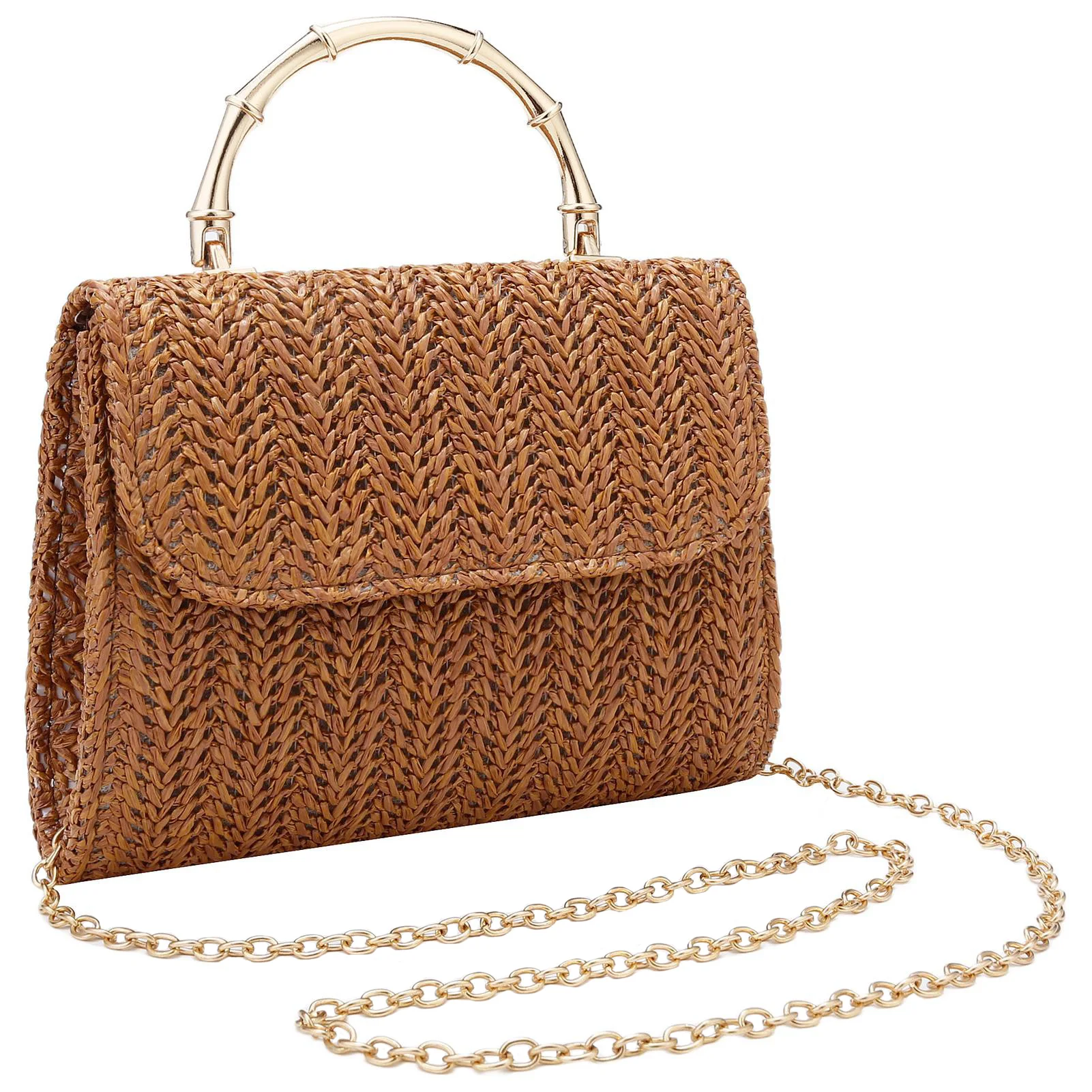 

Casual Chain Crossbody Shoulder Bag With Bamboo Handle Women Knitting Top-Handle Bags Vacation Style Leisure Straw Woven Handbag