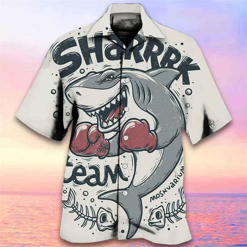 Boxing Shark 3D Printed Hawaiian Shirts For Men Clothes Hip Hop Y2k Blouses Horror Animal Graphic Boy Beach Shirts Lapel Blouse