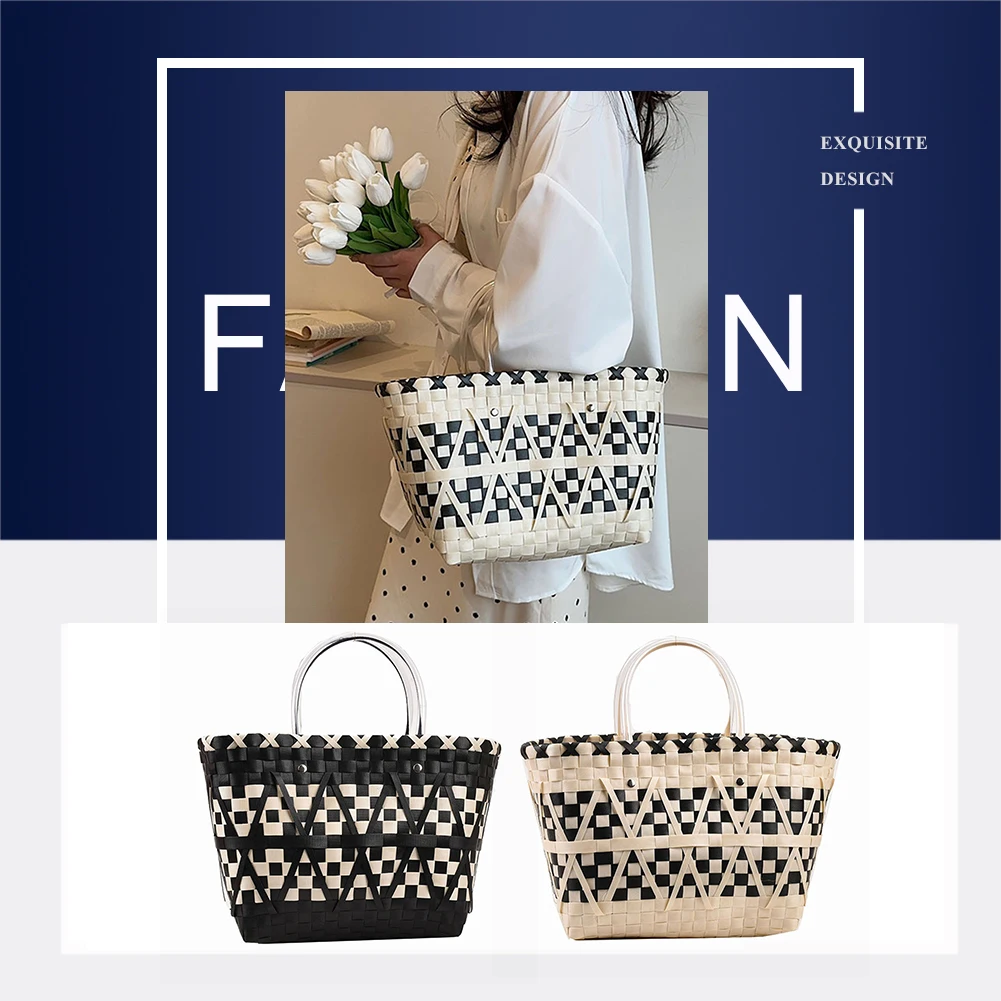 Women Woven Tote Large Summer Beach Bags Handmade Weave Bucket Big Capacity PVC Weaving Hit Color Fashion for Girls Holiday