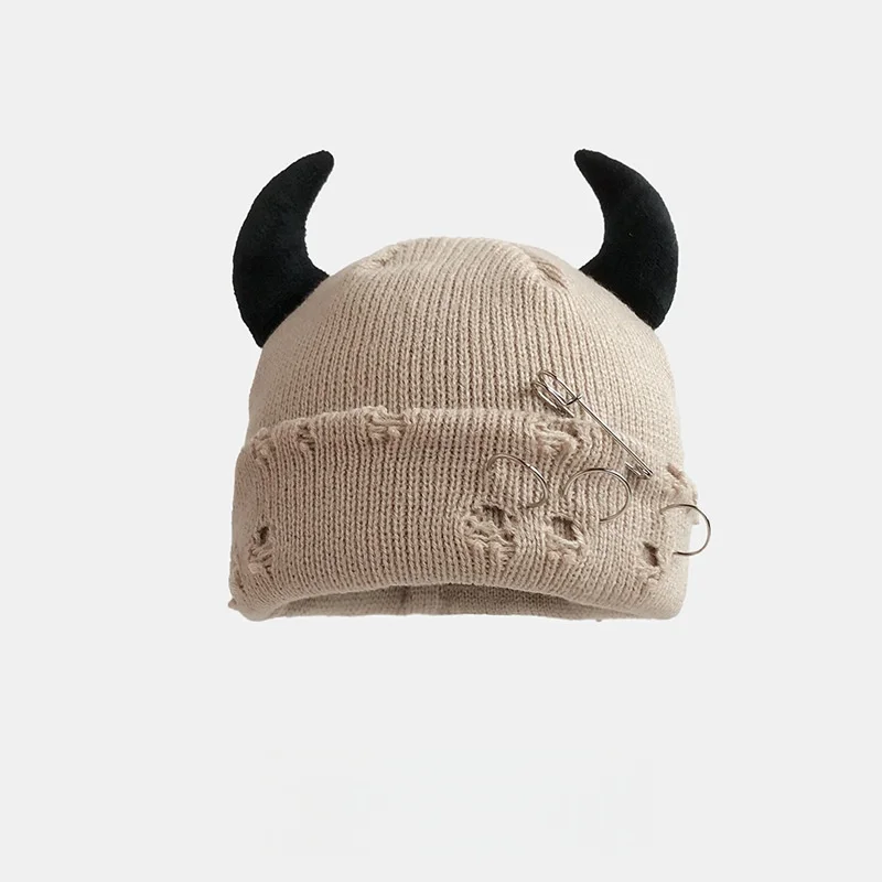 Neue Unisex Strickmütze mit Teufelshörnern Halloween Distressed Skull Cap Hip Hop Winter Warme Garnmütze für Männer Frauen – Detail 12