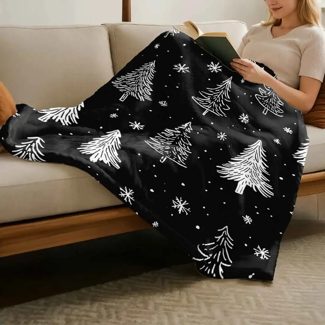 Black White Christmas Tree Throw Blankets Warm Soft Plush Knee Blanket For Winter Office Bedroom Sofa Travel Gifts Home Decor