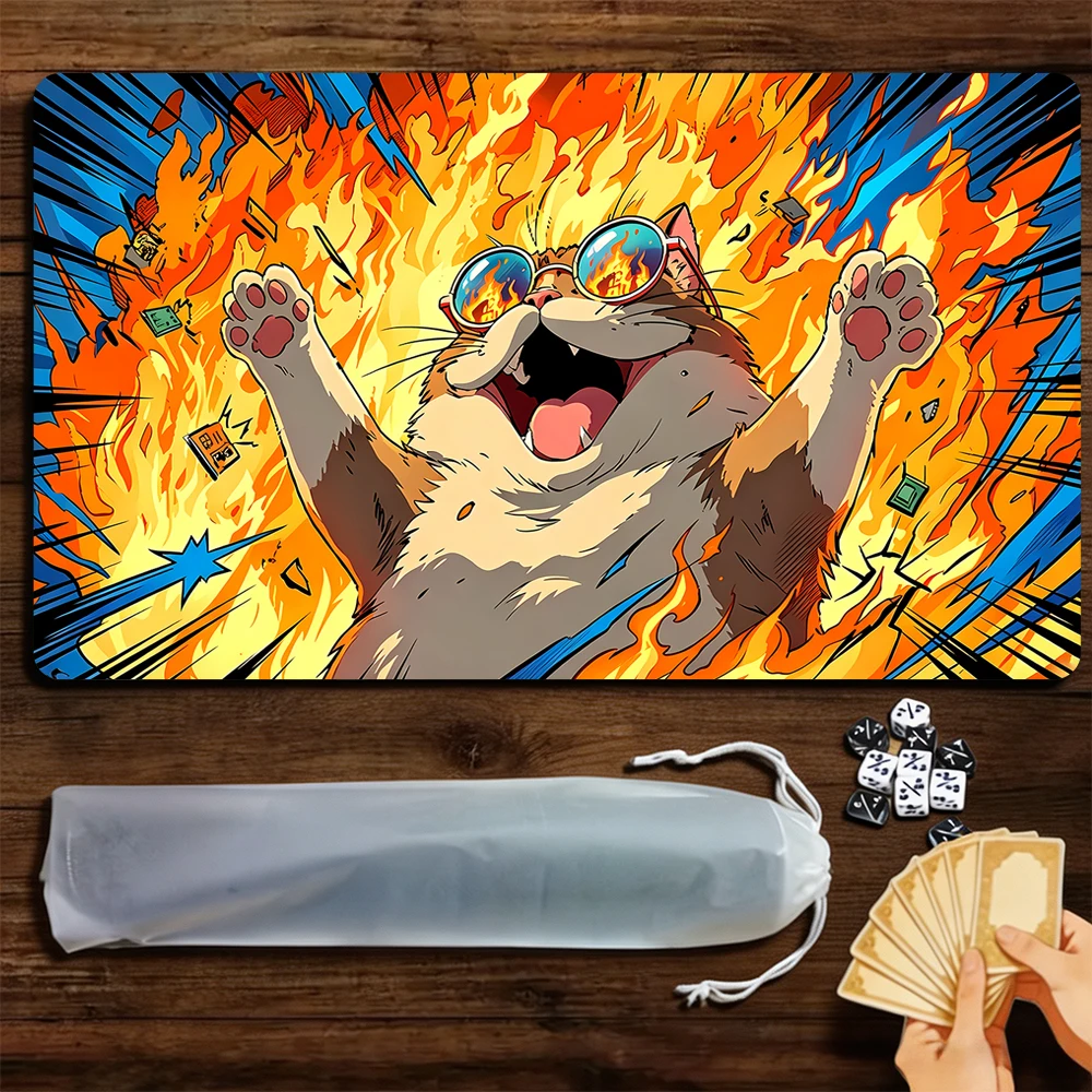 Happy Flame Cat TCG Playmat Magic Playmat Gathering Gaming Mat with Stitched Edge Anti-slip base 60X35cm Trading Card Game
