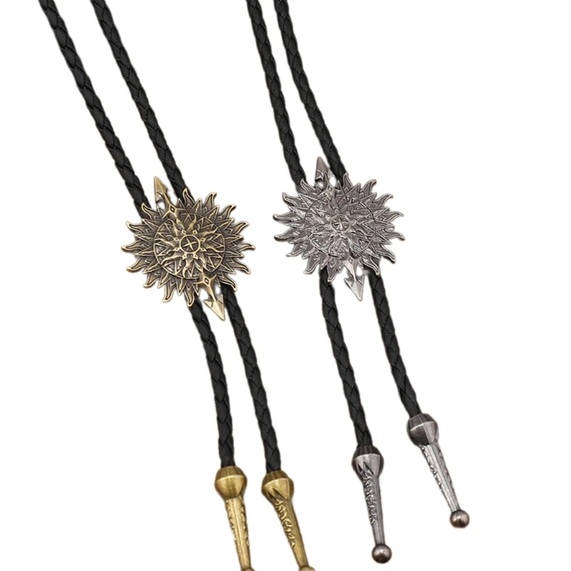 Mens Bolo Tie Necktie Artificial Leather Braided Rope Necklace with Metal Sun and Pendant Jewelry Cowboy Drop shipping