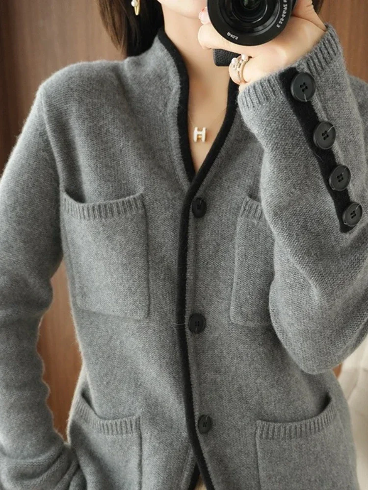 Qnpqyx neue Herbst Winter Pullover Frauen einfarbig Stehkragen lässige Tops koreanische Mode weibliche Jacken weiße Strickjacke Frauen