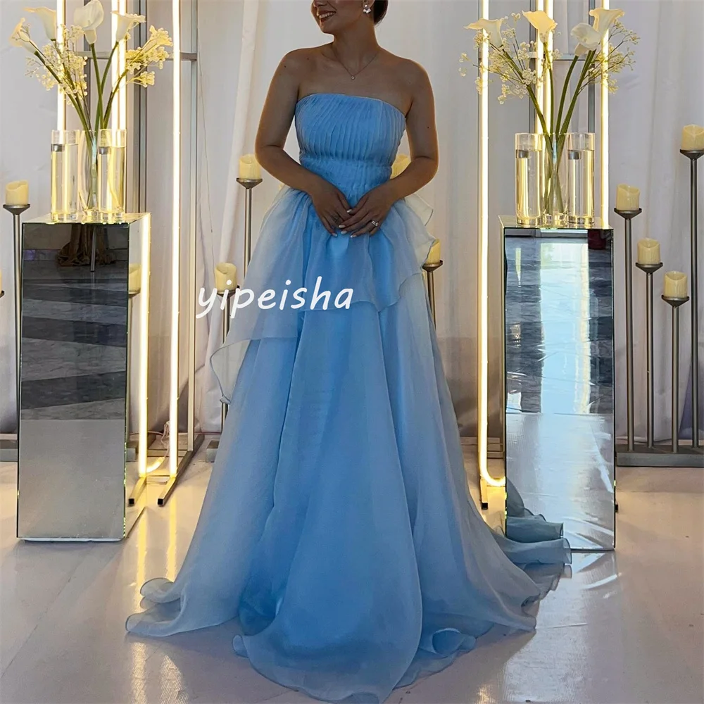 Customized Classic Organza Pleat A-line Strapless Long Dresses Homecoming Dresses Pastrol Unisex Chinese Style Formal Casual Sim