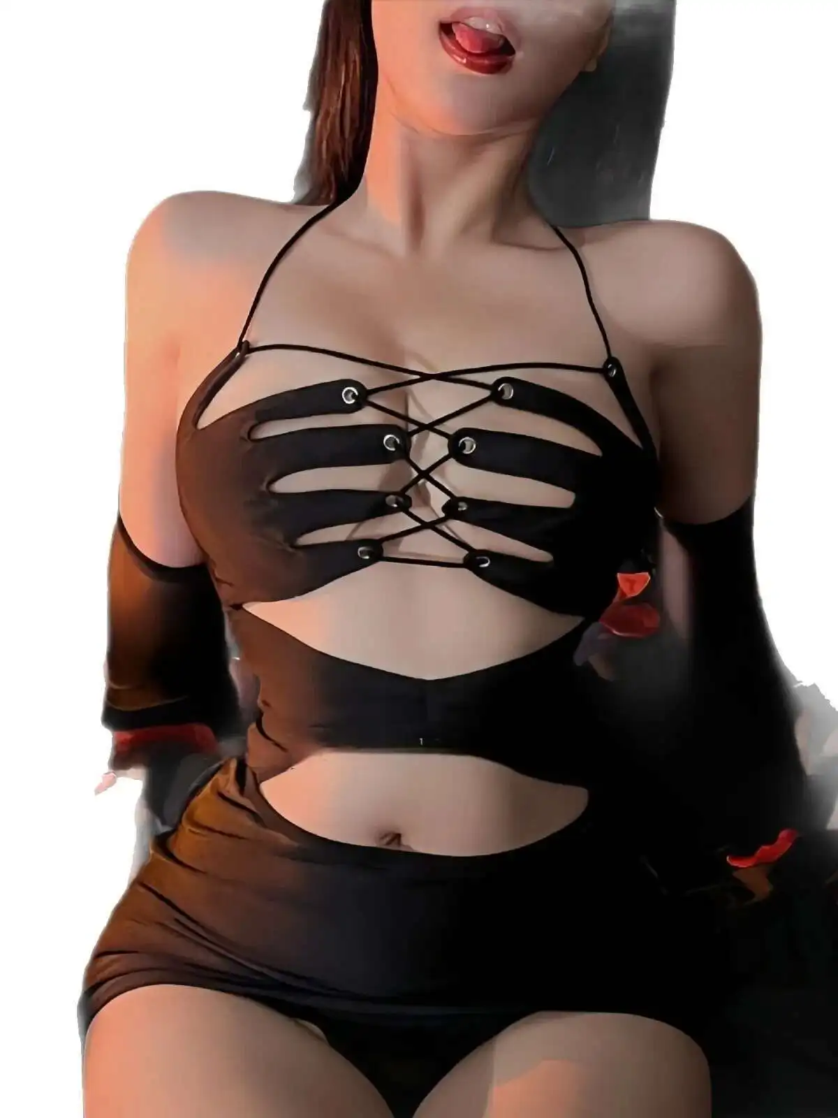 ลูกไม้โปร่งใสตาข่ายสีทึบBackless Deep V SuspendersแขนกุดสะโพกElegant Charming Pure Desire RXCX