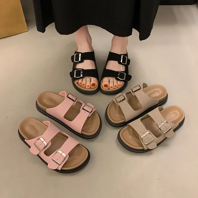 Summer New Non-slip Wear-resistant Silver Metal Buckle Slippers Flat Flip-flops Cow Leather Casual Women's Shoes Slippers Women