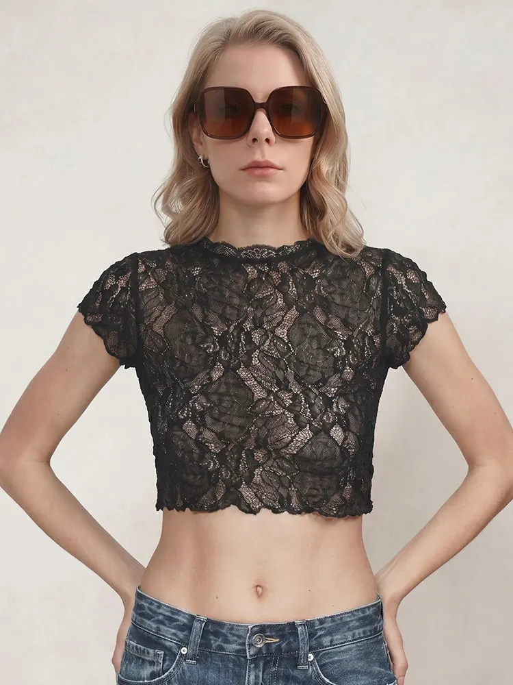 HH Elegant Womens Short Sleeve Shirt Black Lace Slim Top for Summer Casual Holiday Sexy Party Fashion Vacation Beach T-Shirts