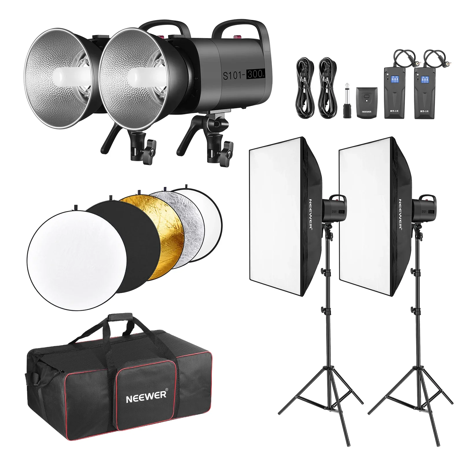 

NEEWER 600W Strobe Flash Studio Light Photography Kit: 2 Packs Of Upgraded S101 300W 5600K Monolight With Bowens Mounts/Softboxe
