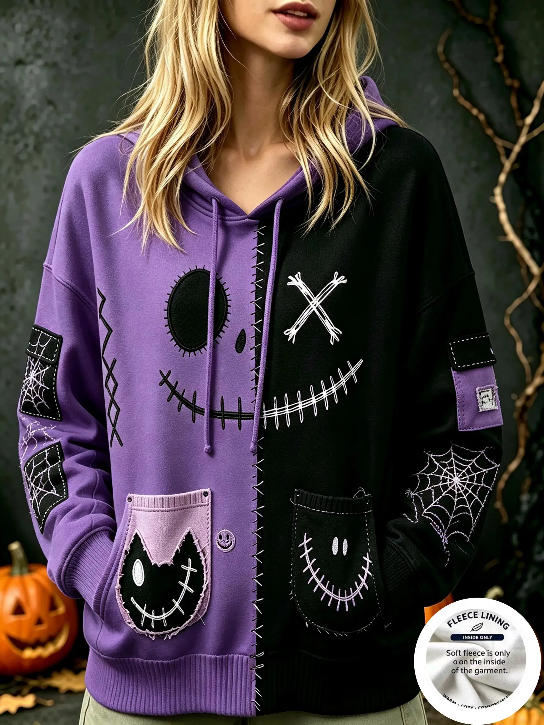 Women Fleece Hoodie Halloween Split Color Patchwork Stitch Face Spider Web Hooded Pullover