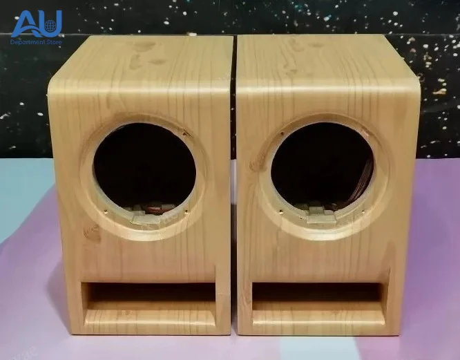Wooden speakers, computer desktop empty box, bookshelf, a pair of stereos