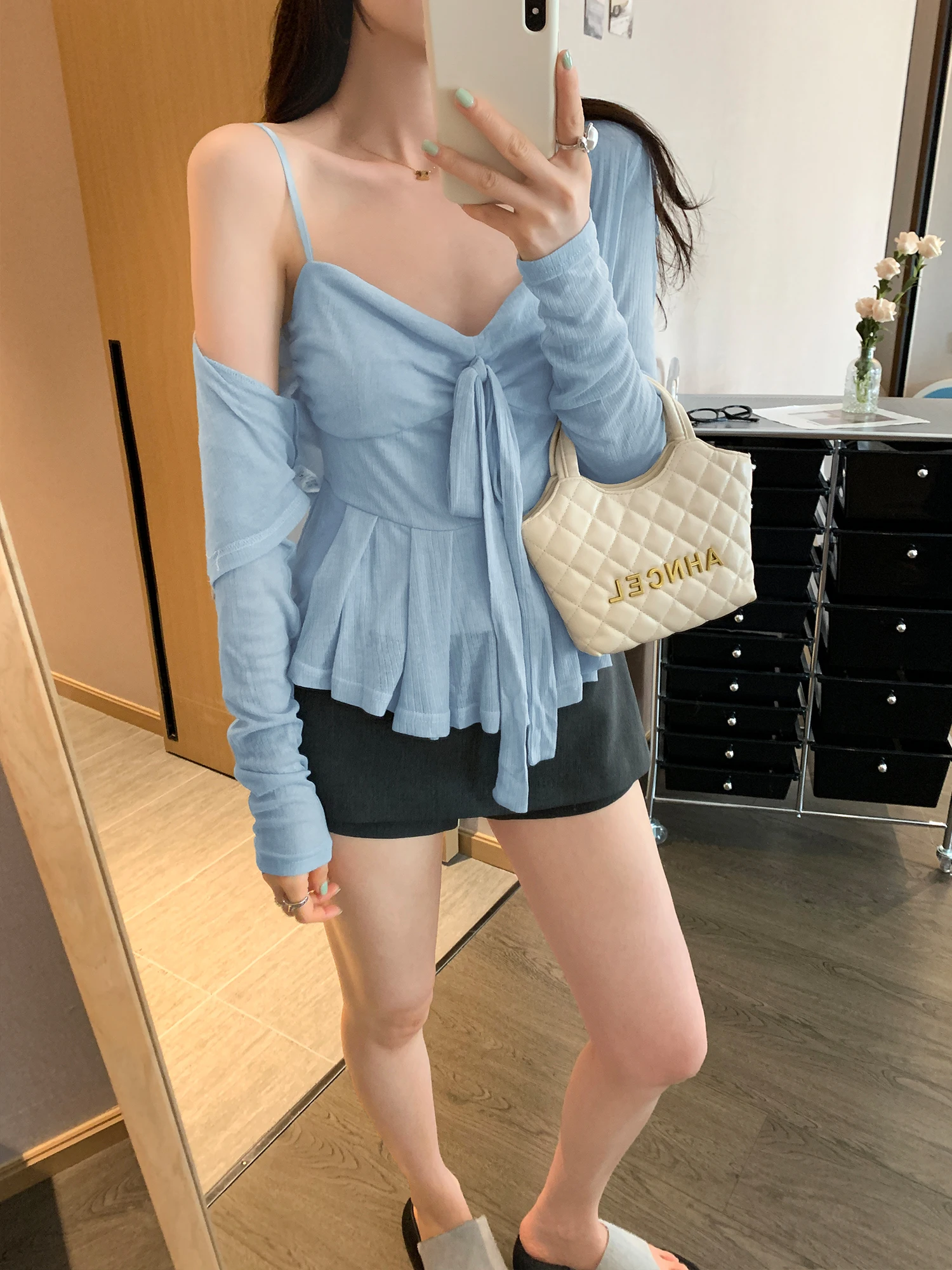 Blue Sun Protection Cardigan Inner Match  Tank Top Two-Piece Set Women Summer Beautiful And Cute Small Set Korean Style C...