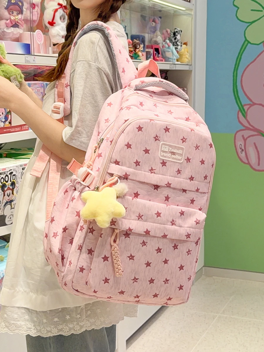 スタープリントの大容量スクールバックパック-女の子用-軽量キャンパスバッグ-複数のコンパートメントとナイロン裏地付き