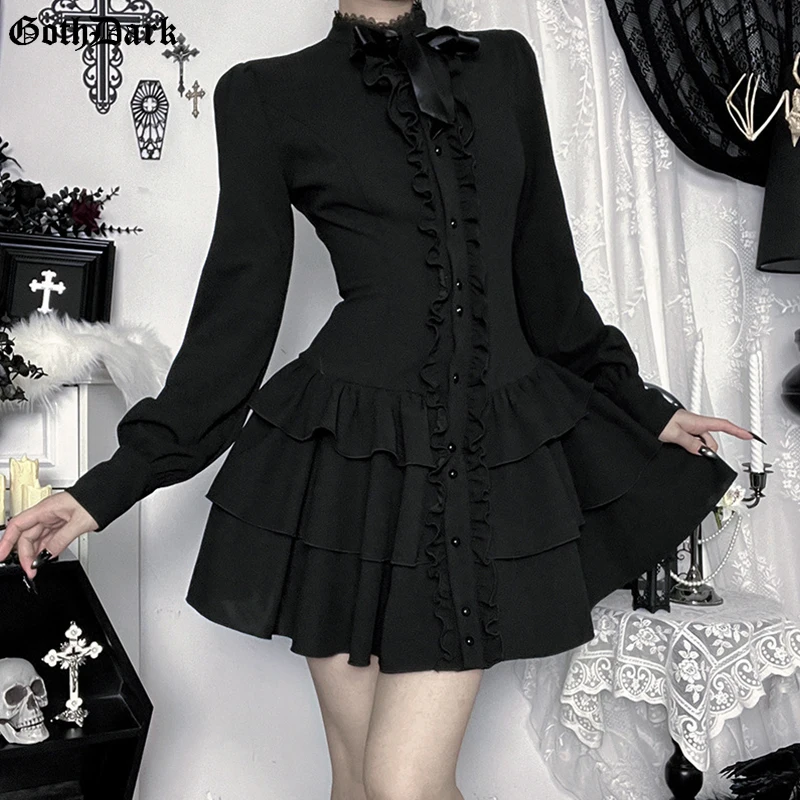 

Goth Dark Fashion Ruffled Hem A-Line Mini Dress for Women Outfits Lantern Sleeve Mall Goth Pleated Dresses Cosplay Halloween