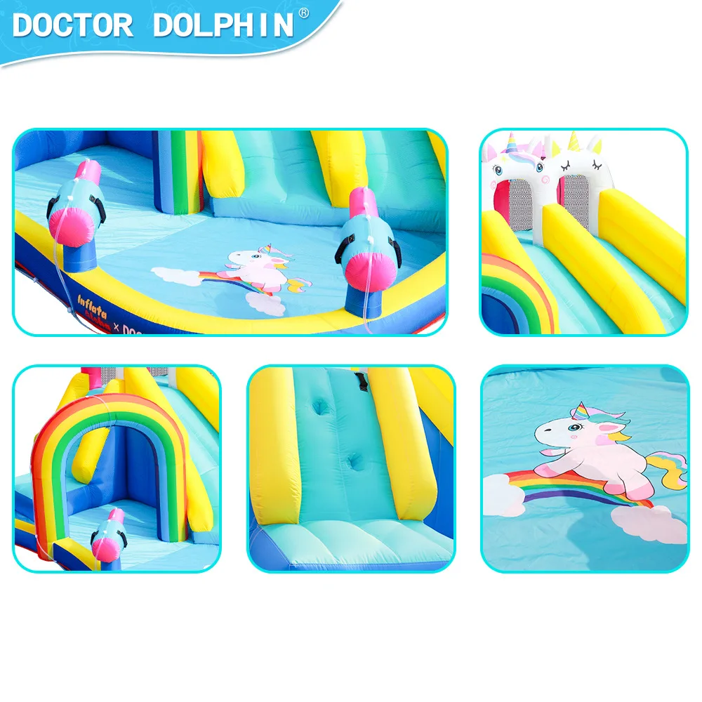 Doctoral Dolphin kids Inflatable Castle Water  Slide Spray Combination Anti slip Mini Trampoline for Home Use Bounce House