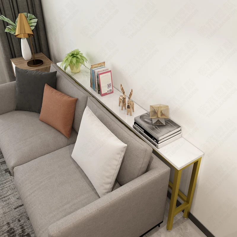 

Shelf behind the sofa, marble wrought iron against the wall, bookshelf, floor-to-ceiling long table, narrow bedside storage rack