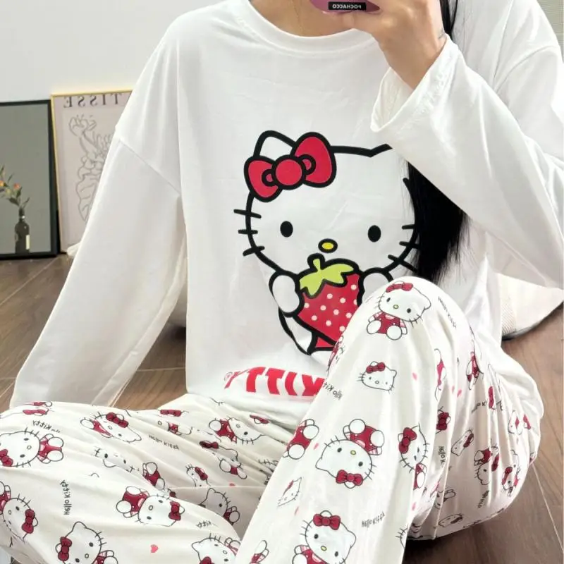 Sanrio Girl Round Neck T-Shirt Leisure Time Pajama Set Spring and Autumn Kawaii Hello Kitty Comic Fashion Leisure Wear New kit