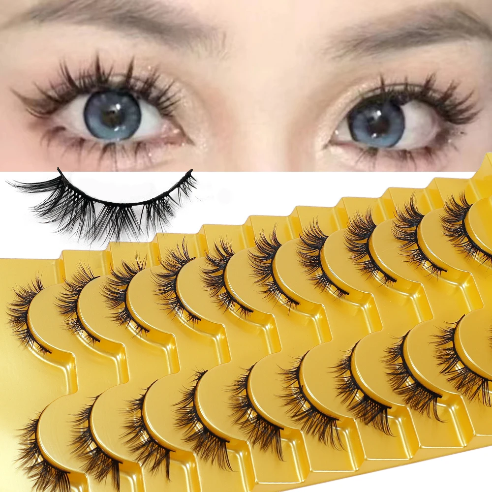 装着しやすいコットン糸ステムキャットアイつけまつげ10ペア、厚さ0.05mm、再利用可能、Dカール、長さ10～12mm