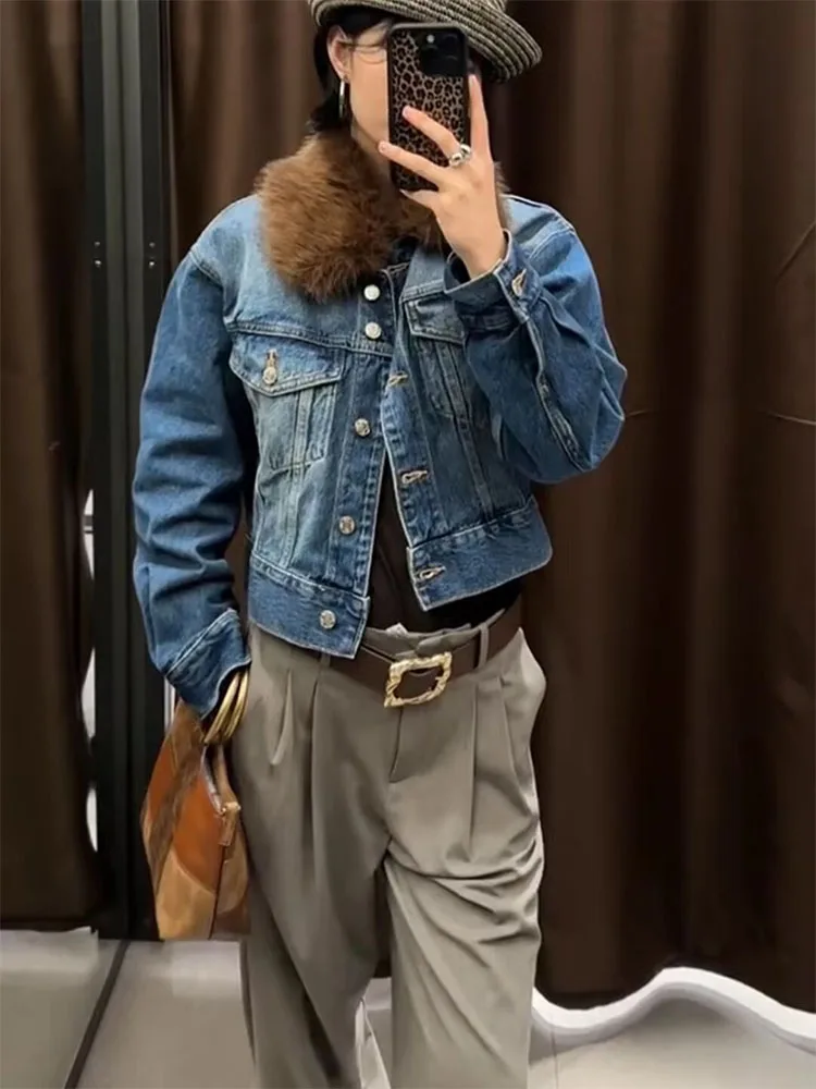 

Woman‘s Denim Coat 2025 Autumn Bomber Jacket Long Sleeve Pocket Fur Collar Crop Coat Chaqueta Ropa De Mujer Street Outwear
