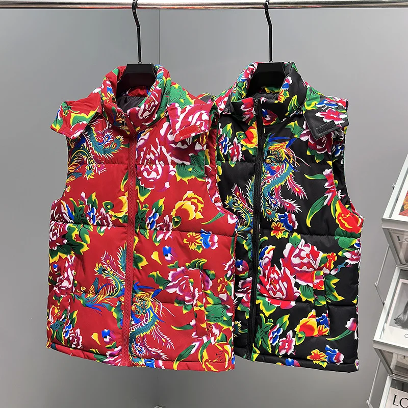

Модный жилет для мужчин и женщин с капюшоном и принтом, куртка без рукавов, зимний китайский цветочный жилет с карманами для пары, мужская одежда, хипстерская одежда унисекс
