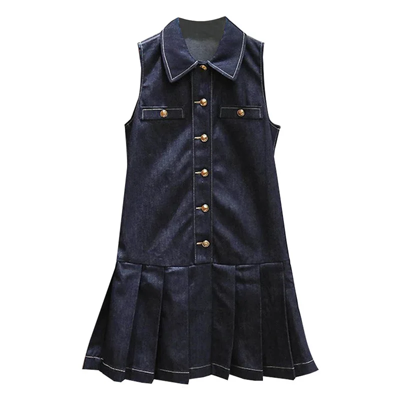 2025 Early Autumn New Style Denim Pleated Skirt Single Button Loose Sleeveless Dress