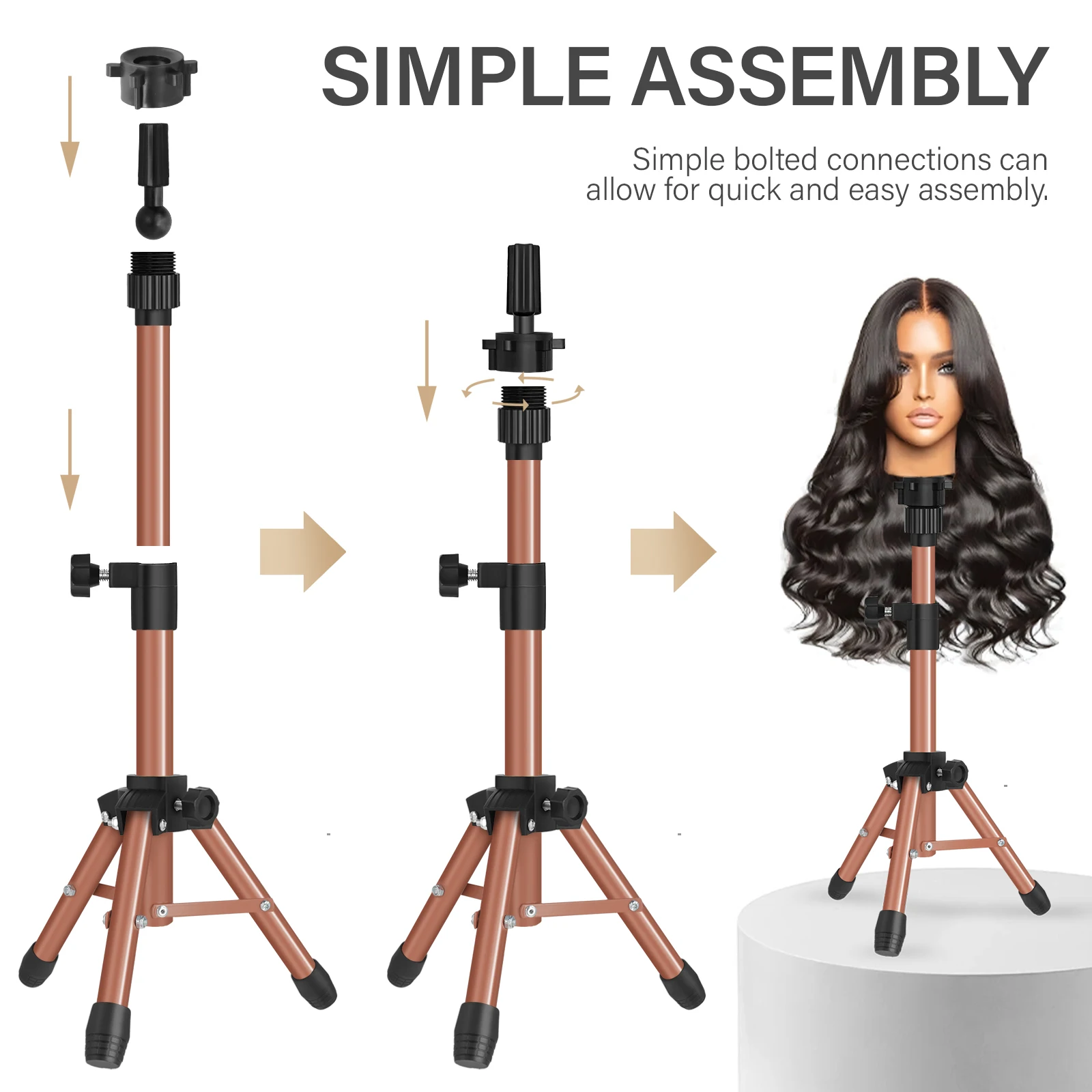 Wig berdiri Tripod 64Cm, kepala Wig dapat disesuaikan, dudukan kepala berdiri logam untuk kepala manekin, dudukan hitam, merah muda, emas, perak