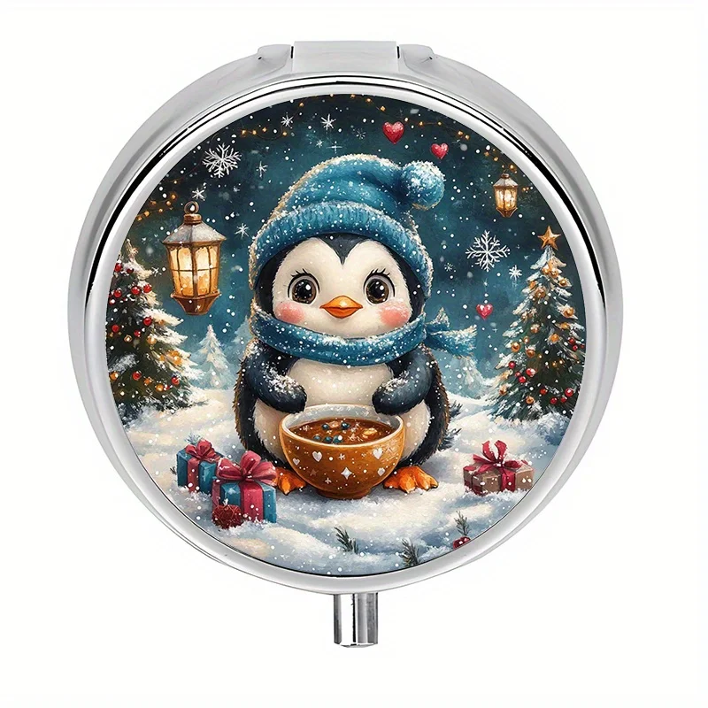 1-piece pill box, 3 compartments, winter holiday penguin scene, mini pill box, medication storage box, unique gift for organizing vitamins and medicines