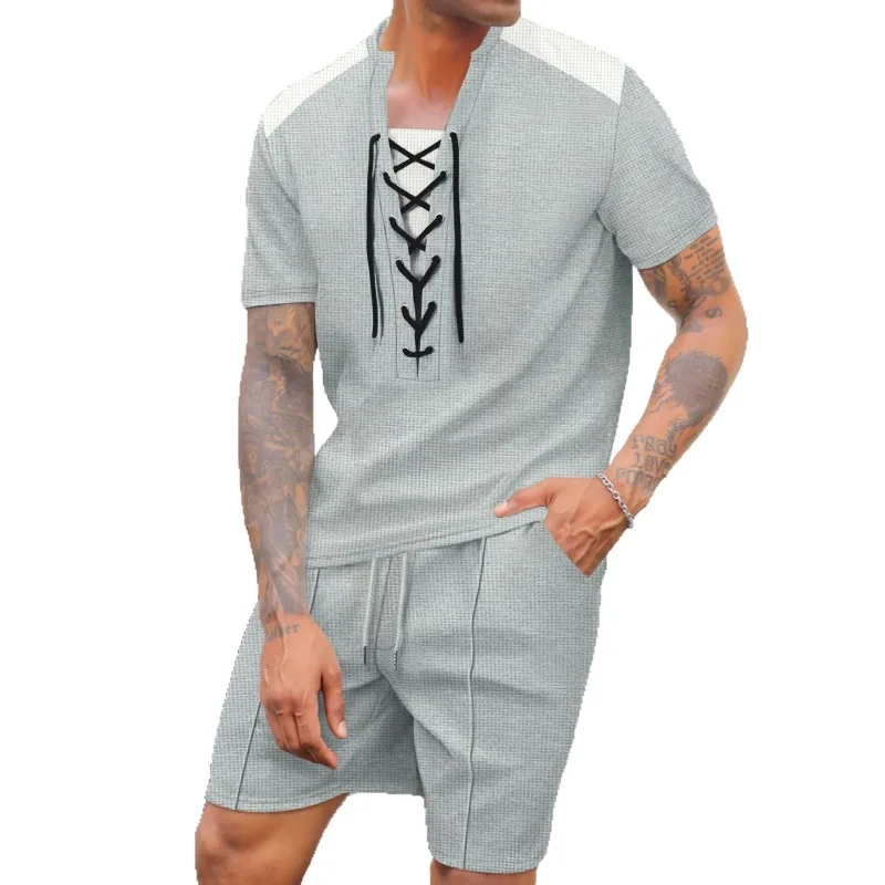 

Men's Two Piece Outfit Beige Lace Up V-Neck Short Sleeve T-Shirt and Drawstring Shorts Casual Tracksuit