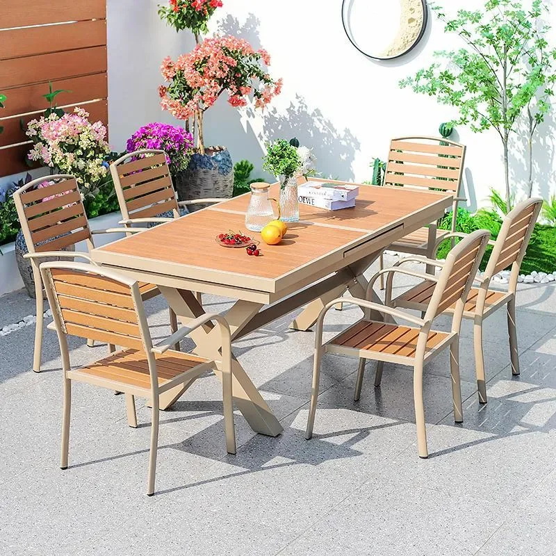 for Outdoor Garden Stretch Table Courtyard Waterproof Aluminum Alloy Telescopic Table Terrace Plastic Wood Dining Table and