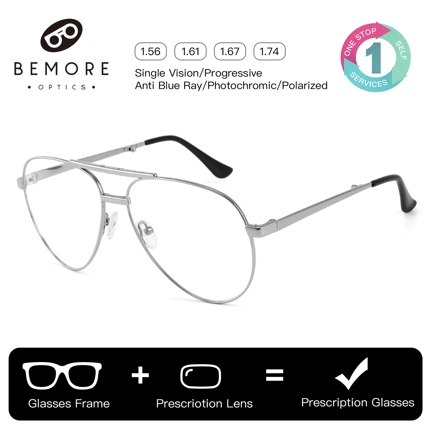 BEMORE Prescription Lenses with Medical Recipe Photochromic Anti Blue Light Men Pilot Metal Optical Grade Frame Glasses