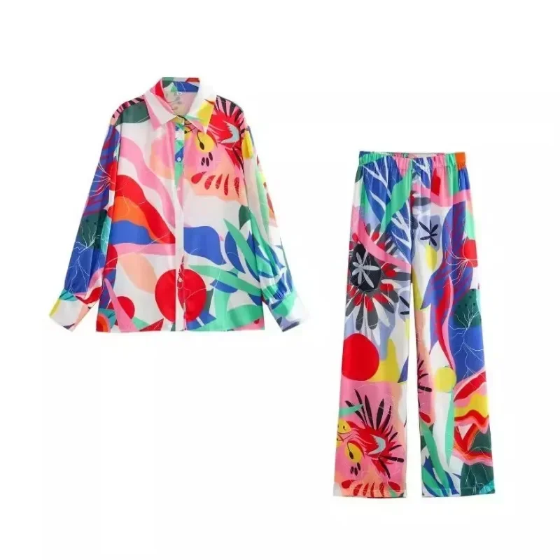 طقم قميص وسراويل نسائي مطبوع من الساتان ، طية صدر بأكمام طويلة ، موضة غير رسمية ، اوربي وأمريكي