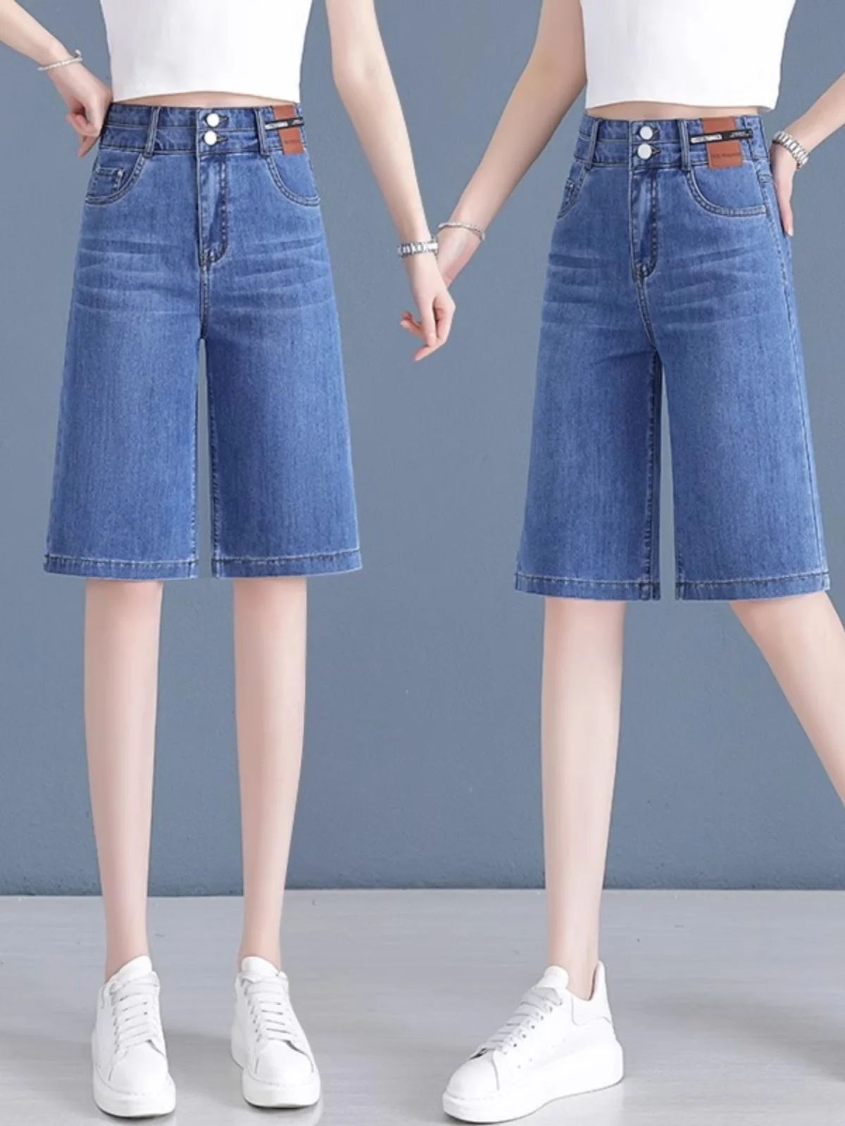 

Женские летние новые джинсовые шорты с высокой талией, прямого кроя, из тонкого денима, светло-голубые, свободного кроя, длиной до колена