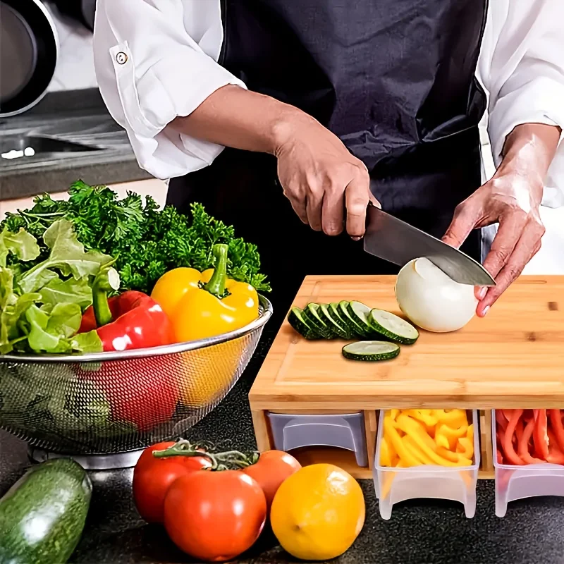 

Bamboo Cutting Board With Containers - Meal Prep Station With Removable Top Kitchen Boards & Food Storage Tray With Lids