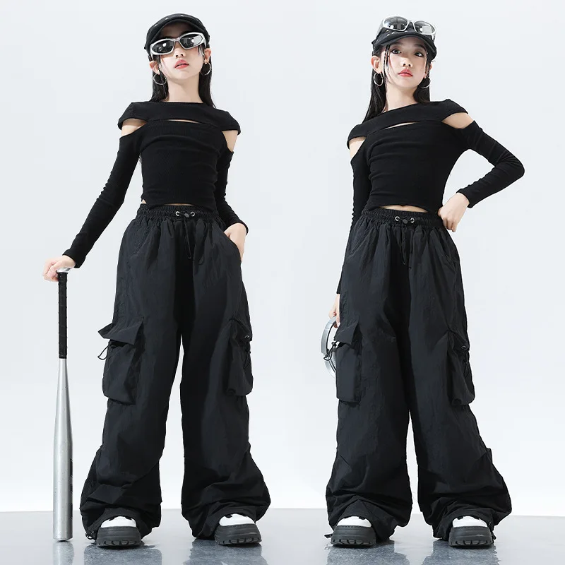 Trajes de Dança Jazz Hip Hop para Meninas Trajes de Dança Modelo Infantil Passarela Manga Longa Calças Pretas